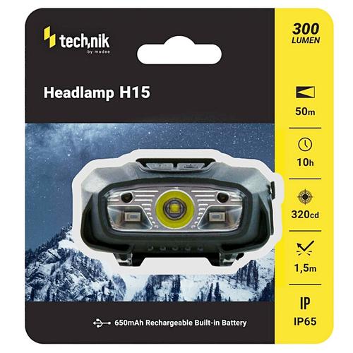 Technik 300 lumenes, tölthető fejlámpa H15 + USB Type-C